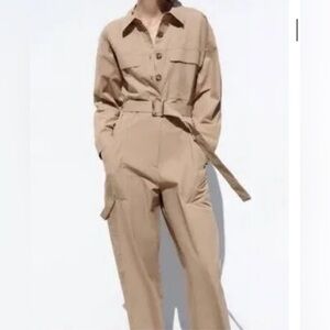 ZARA tan long sleeve utility zip and button up jumpsuit sz med